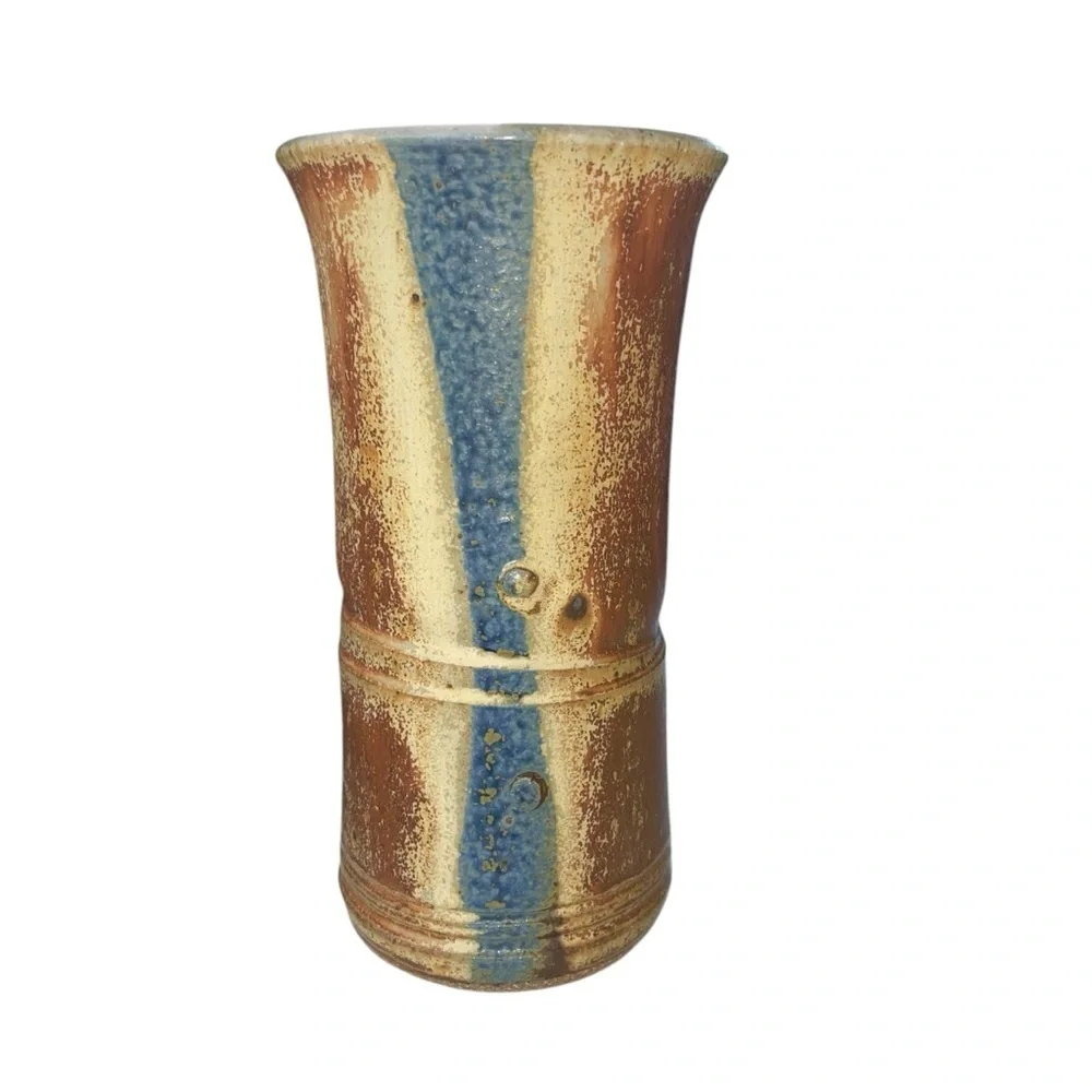 Handmade Vintage Scandinavian Rustic Ceramic Vase – Brown & Blue Glazed Pottery